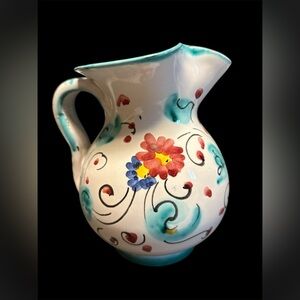 Vintage Italian Hand‎ Painted Floral Ceramic Pitcher Vase Italy Pottery
